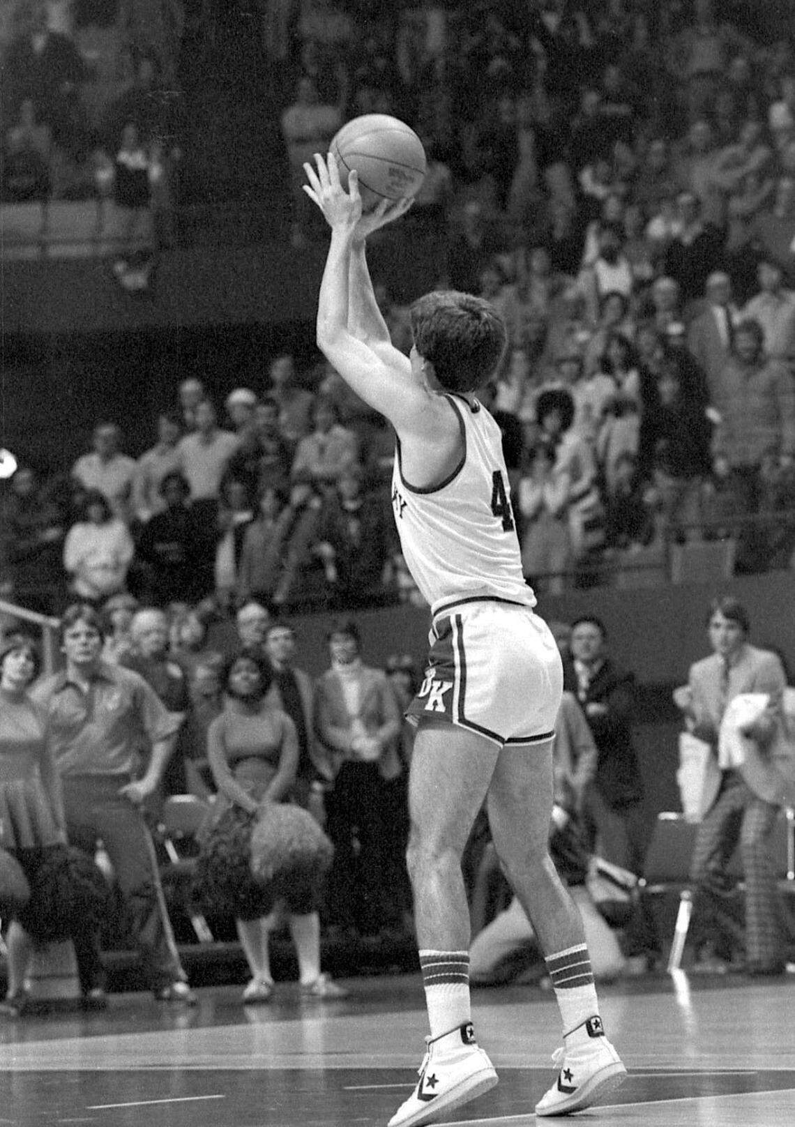 Down 66-60 to Kansas with 31 seconds left in overtime in a 1978-79 contest, Dwight Anderson launched UK on a miraculous comeback that was completed when Kyle Macy (4) made this technical foul shot after the Jayhawks called a timeout they did not have to give UK a 67-66 win.