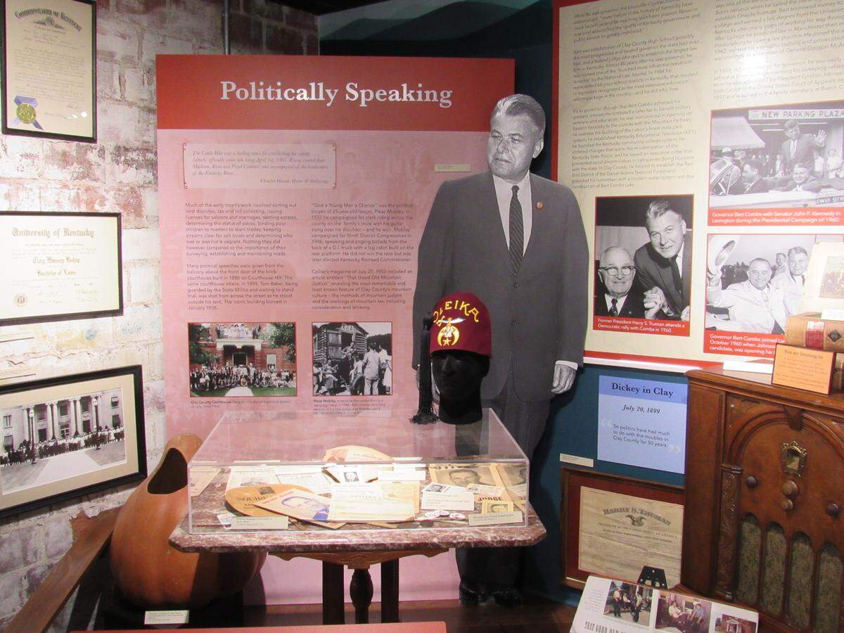 One of the displays at the Clay County Historical Society’s museum in Manchester is dedicated to politics, including the career of Bert T. Combs, a county native elected governor in 1959.