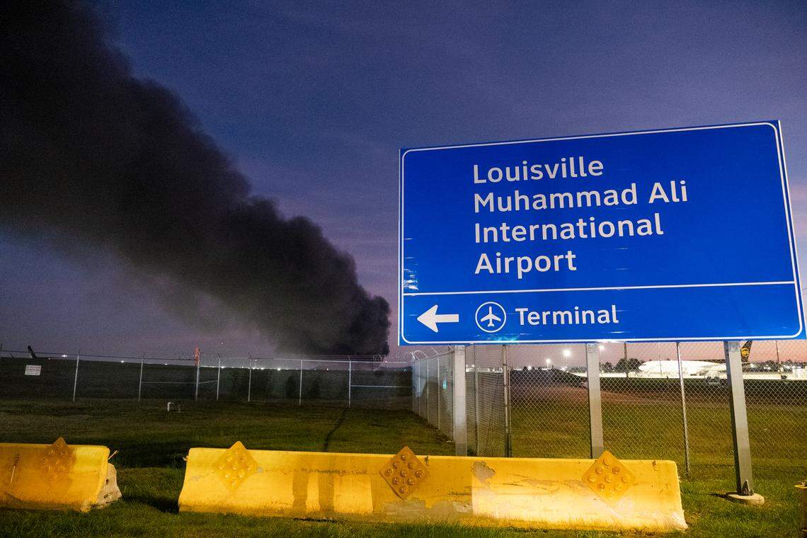 Smoke from the Nov. 4, 2025, UPS plane crash in Louisville, Ky., as seen near UPS.