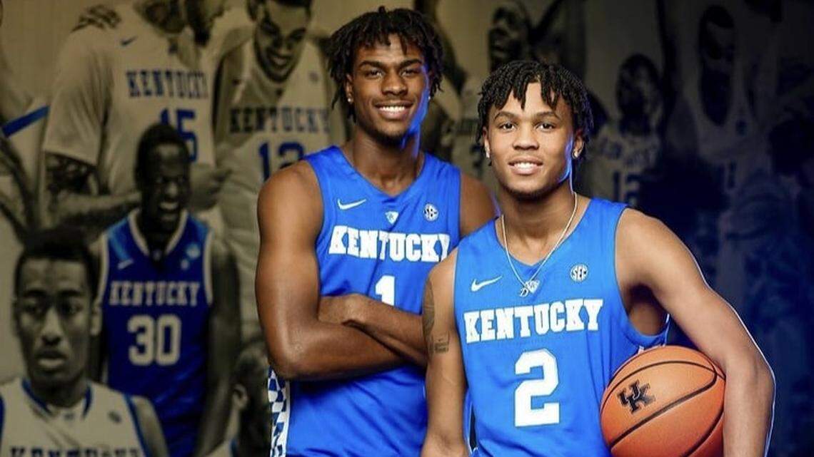 AAU teammates Mackenzie Mgbako, left, and DJ Wagner are two of the top basketball recruits in the 2023 class, and they visited Kentucky together in October.