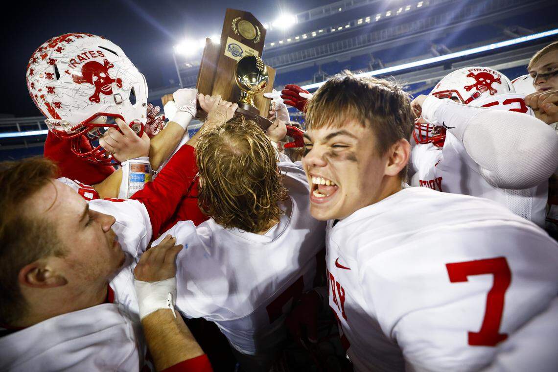 Belfry celebrates after defeating Bell County 30-20 in the Class 3A 2019 UK Orthopaedics/KHSAA Commonwealth Gridiron Bowl state championship game at Kroger Field in Lexington, Ky., Friday, Dec. 6, 2019.