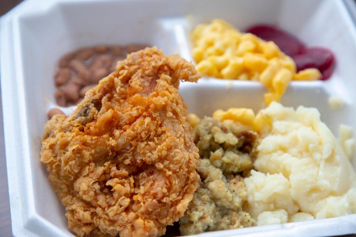 A plate of fried chicken with all the fixings from Max’s Loudon Square Buffet in Lexington on the restaurant’s last day, April 8, 2022. The restaurant hoped to stay open until 7:30 p.m. unless they ran out of food.