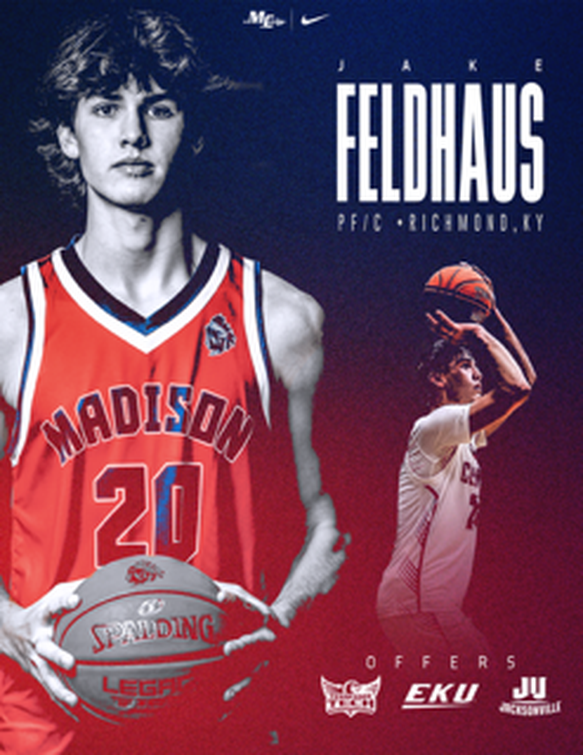 A recruiting graphic for Madison Central standout Jake Feldhaus shows Eastern Kentucky, Jacksonville and Tennessee Tech, the first three NCAA Division I programs to offer the 6-foot-7 forward scholarships.