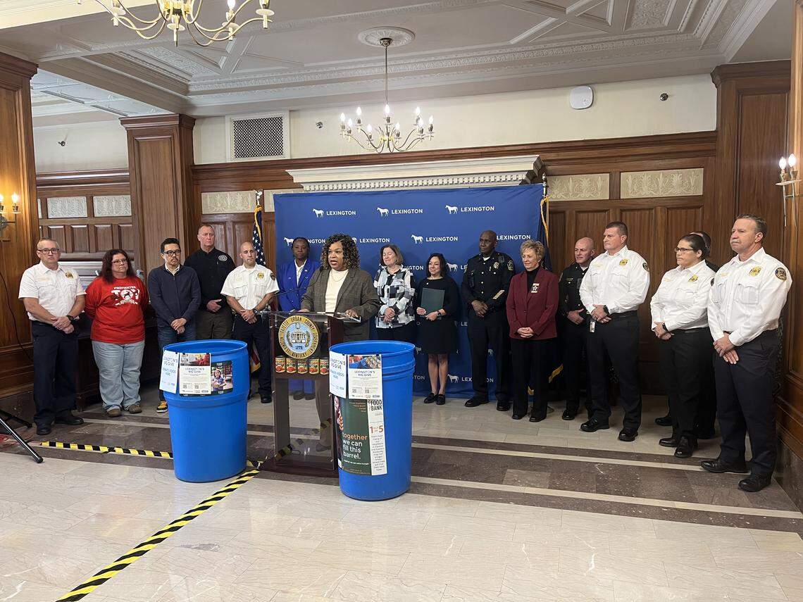 Kacy Allen-Bryant, Commissioner of Social Services in Lexington, speaks at a news conference to promote the Lexington’s Big Give food drive on Nov. 3, 2025.