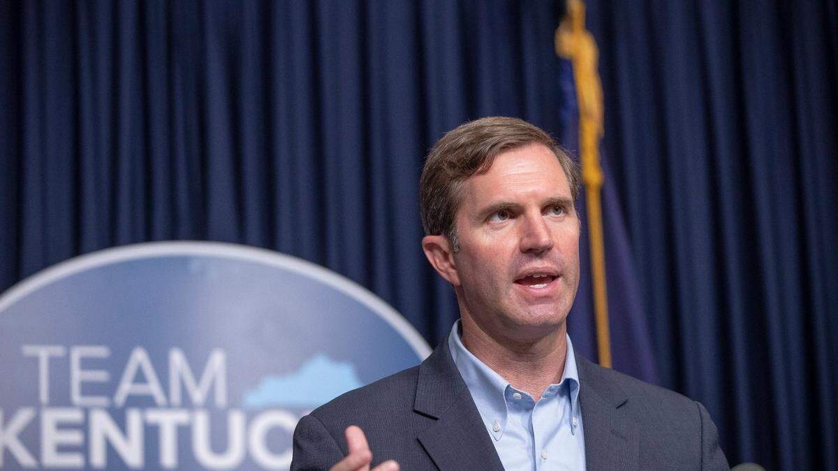 Kentucky Gov. Andy Beshear speaks during a media briefing about the COVID-19 pandemic at the state Capitol in Frankfort, Ky., on Monday, Aug. 23, 2021.