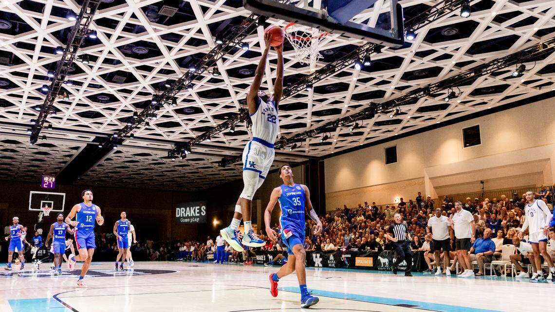 Kentucky freshman guard Cason Wallace had 15 points, five rebounds, three assists, two blocked shots and a steal in UK’s 108-56 demolition of the Dominican Republic Select Team in the Wildcats’ first of four exhibition games in the Bahamas.
