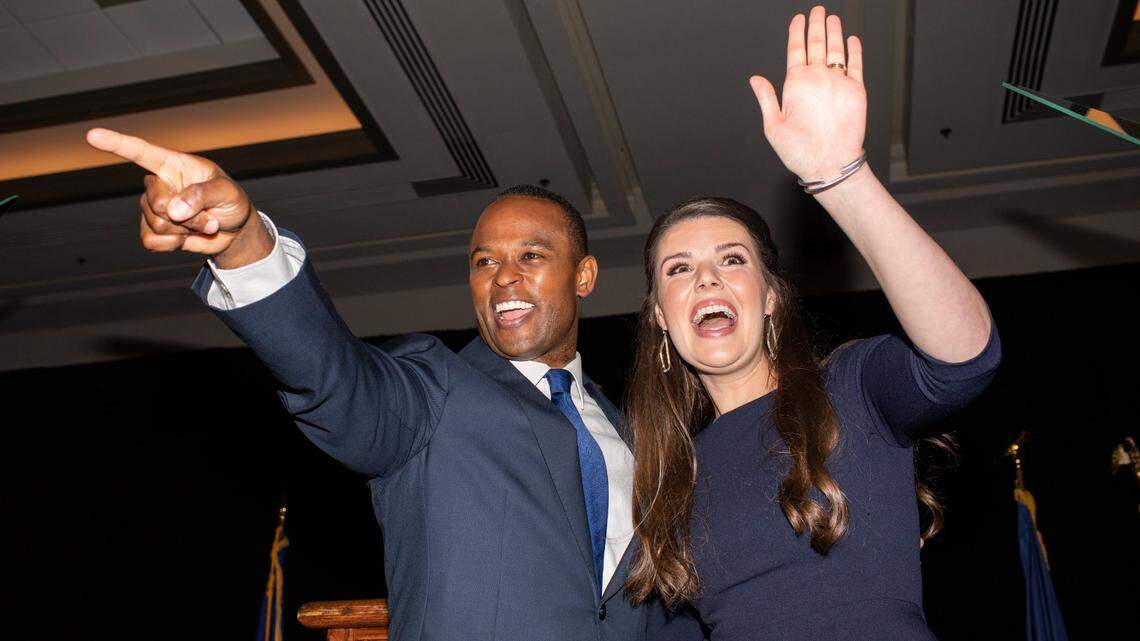 Gubernatorial candidate Daniel Cameron and wife Makenze Cameron greet supporters after securing the Republican primary election at an event at the Galt House in Louisville, Ky., Tuesday, May 16, 2023.