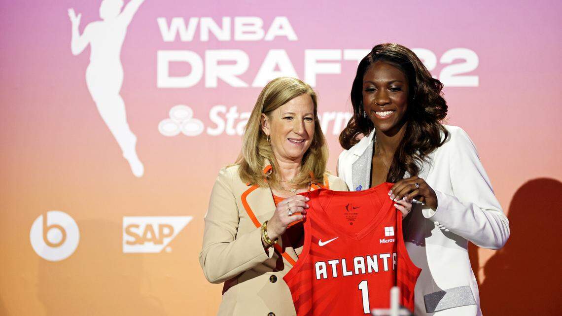 Kentucky’s Rhyne Howard, right, poses for a photo with WNBA Commissioner Cathy Engelbert after being selected by the Atlanta Dream with the first overall pick Monday night in New York.