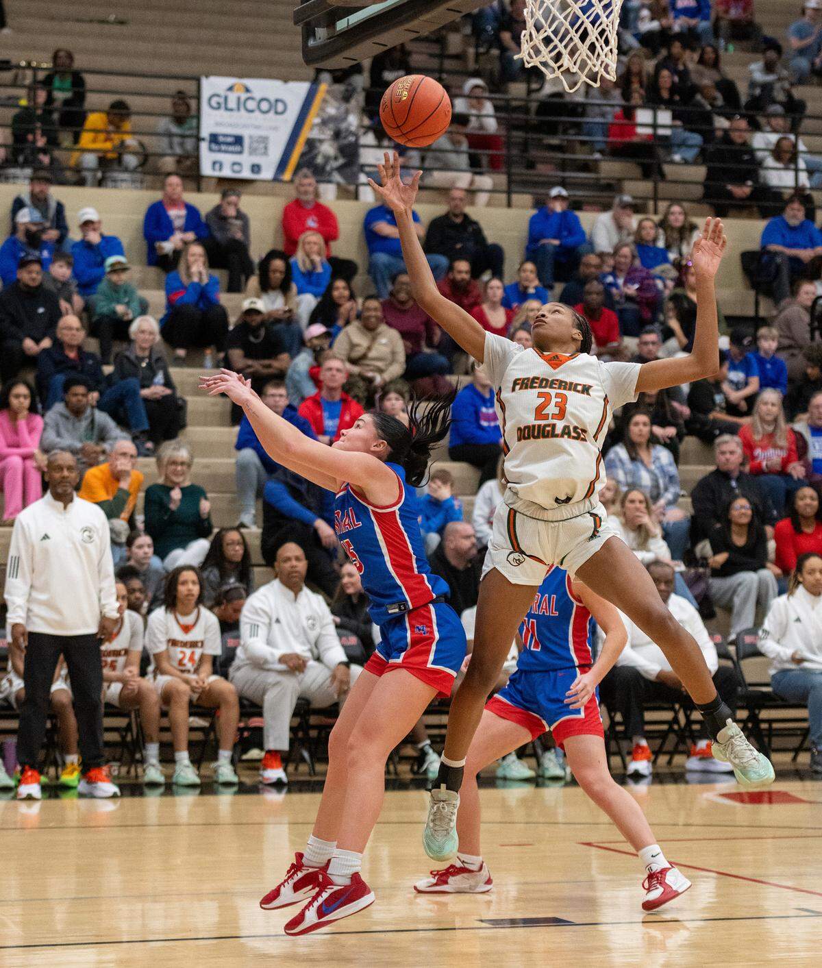 Jaelee Knowles (23) grabs one her of six offensive rebounds over Madison Central’s Brooke Campbell on Saturday night.