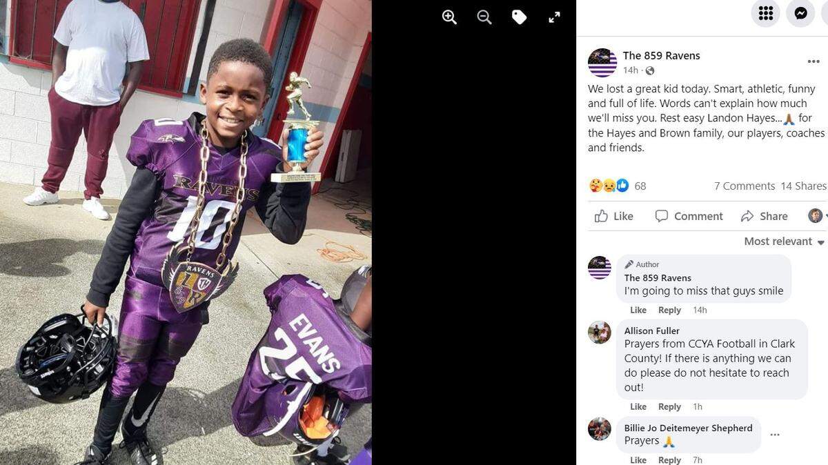 Landon Hayes, 10, was a student at Ashland Elementary School and played youth football in Lexington, Ky., He was shot and killed Feb. 6, 2022, according to the Fayette County Coroner’s office
