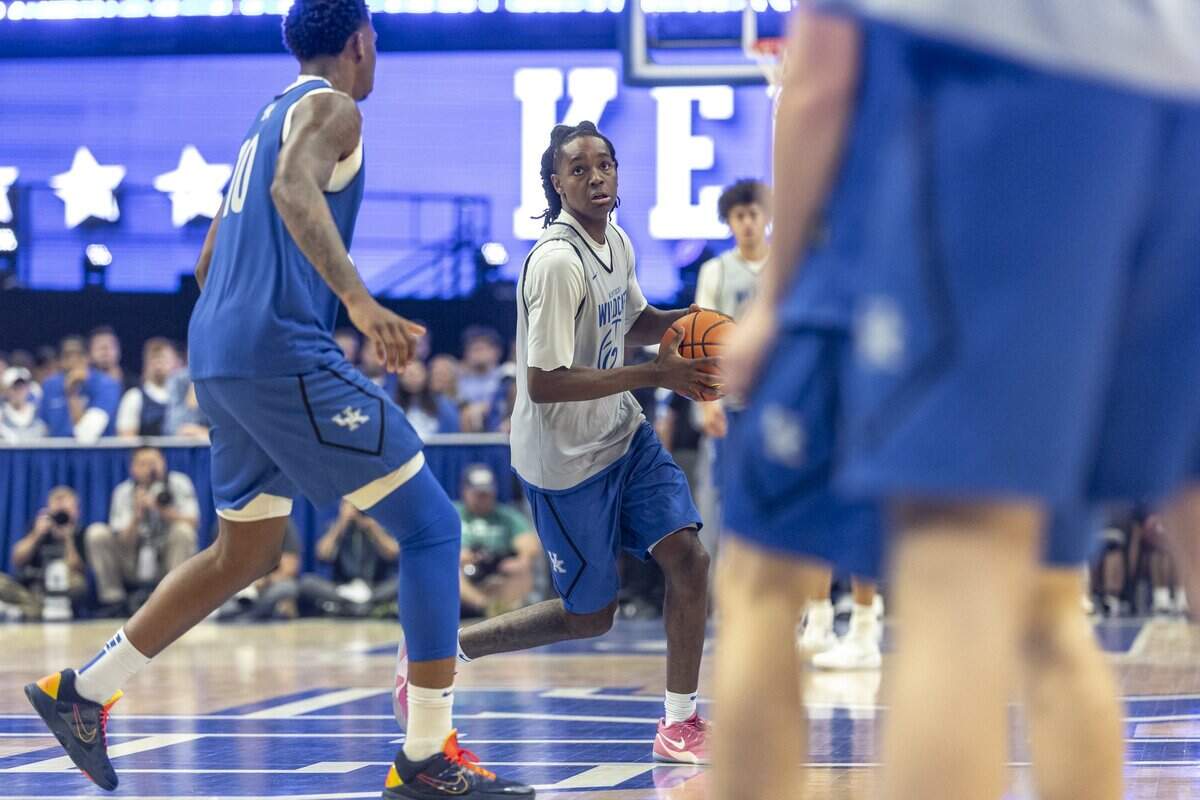 Kentucky Wildcats guard Jasper Johnson (2) drives the ball during Big Blue Madness at Rupp Arena last Saturday. Single-game tickets for some UK home games go on sale Tuesday.