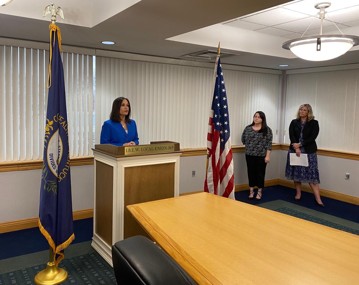 Kentucky Lt. Gov. Jacqueline Coleman on March 19 in Louisville, speaking to “sound the alarm” on the harm to Kentucky students if the Trump Administration dismantles the U.S. Department of Education.
