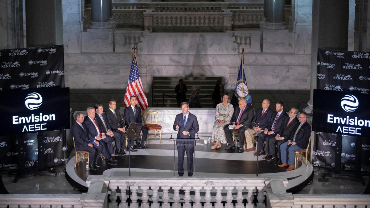 Kentucky Gov. Andy Beshear announcing plans for a $2 billion, 2,000-job electric vehicle battery plant in Bowling Green during a media conference at the Kentucky state Capitol in Frankfort, Ky., on Wednesday, April 13, 2022.