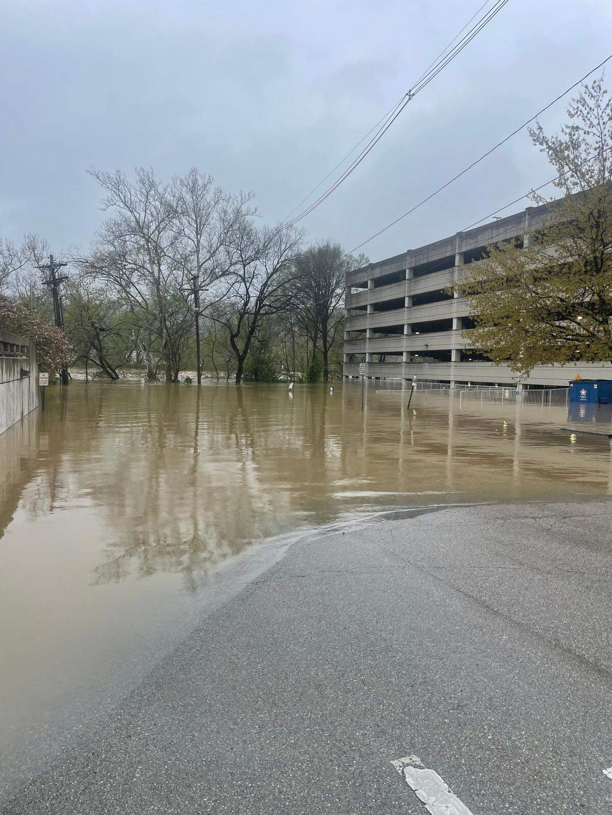 The parking garage on Ann Street was flooded on the bottom levels.