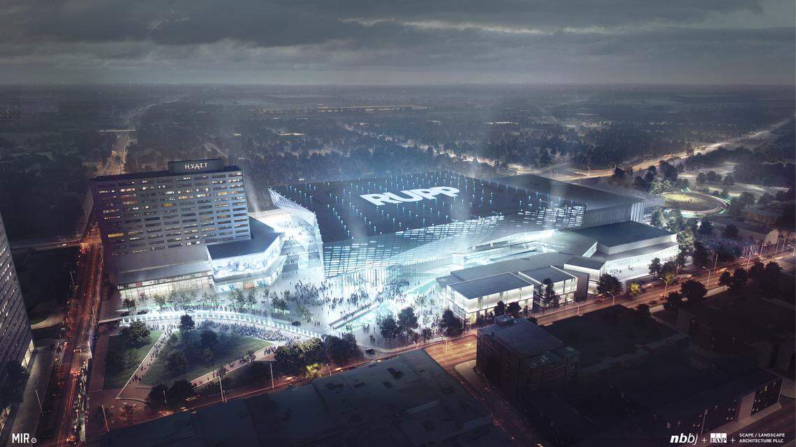 This is an aerial view of the proposed renovated Rupp Arena and Lexington Center.