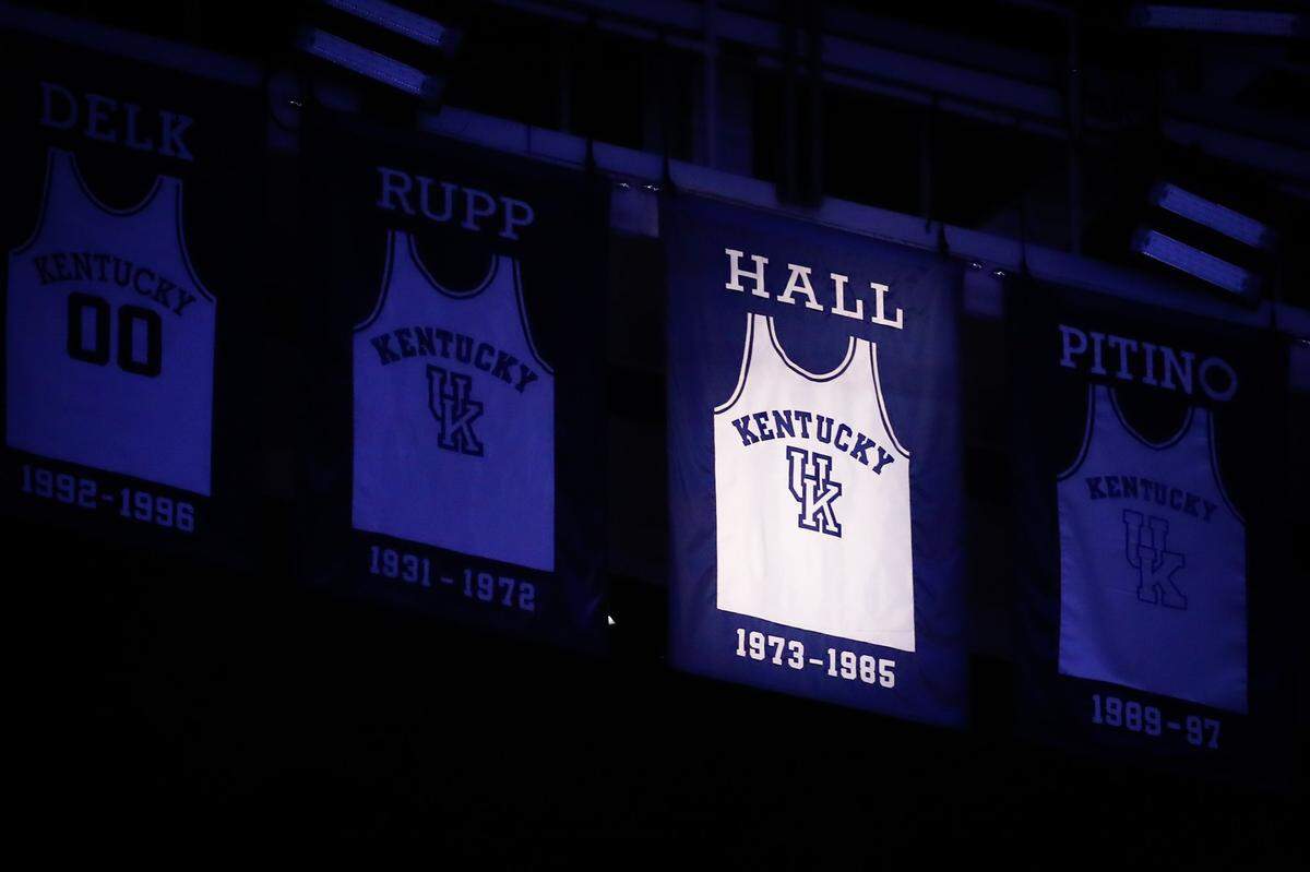Former Kentucky coach Joe B. Hall’s retired jersey in the rafters at Rupp Arena was spotlighted during a pregame remembrance video on Saturday.
