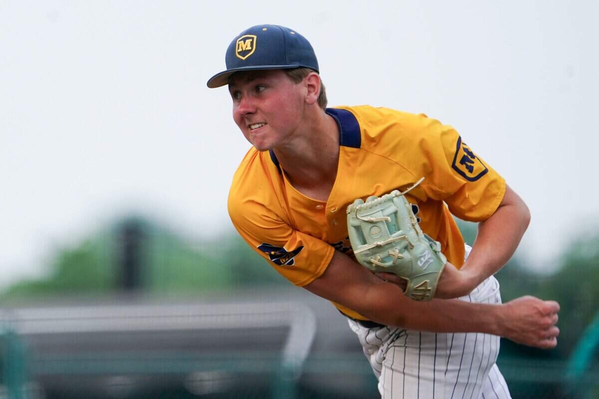 Moeller Crusaders pitcher Matt Ponatoski (10) throws a pitch in the seventh inning of the OHSAA Division I Region 3 final high school baseball game between the Lakota West Firebirds and Moeller Crusaders, Wednesday, June 4, 2025, at Nischwitz Stadium in Fairborn, Oh. Firebirds won 3-2.
