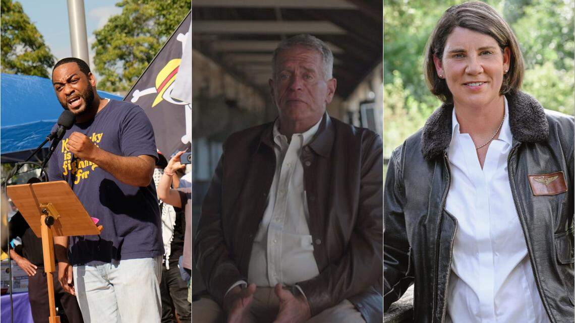(From left) Kentucky Democratic candidates for U.S. Senate Charles Booker, Dale Romans and Amy McGrath