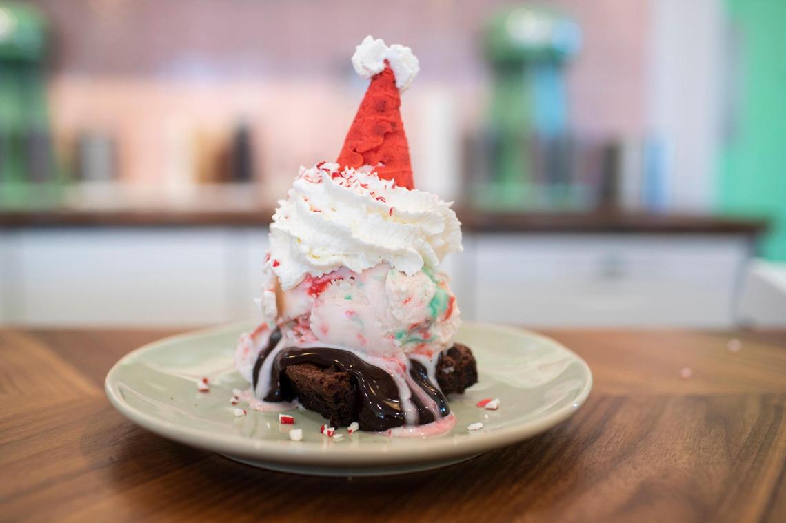 The Santa Sunday is one of the seasonal treats from Freshie’s Ice Cream & Soda Fountain in Lexington, Ky., Wednesday, November 30, 2022.