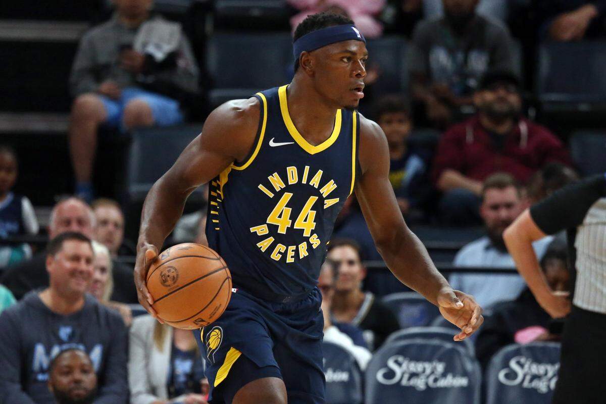 Oct 8, 2023; Memphis, Tennessee, USA; Indiana Pacers forward-center Oscar Tshiebwe (44) handles the ball during the second half against the Memphis Grizzlies at FedExForum. Mandatory Credit: Petre Thomas-USA TODAY Sports