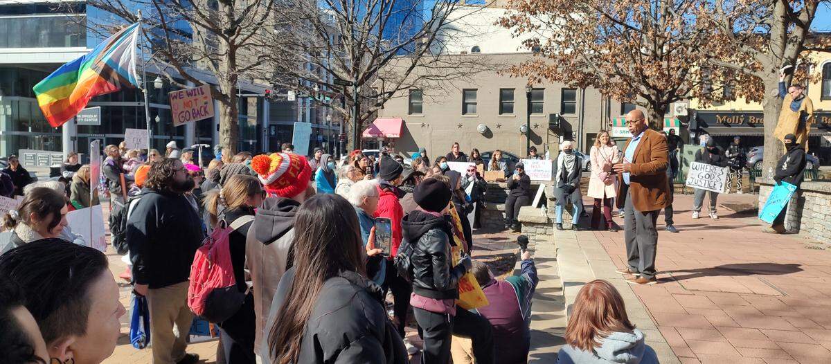 Sen. Reggie Thomas, D-Lexington, spoke to the crowd at a Rally for the People in downtown Lexington, KY, Saturday, Feb. 1, 2025.