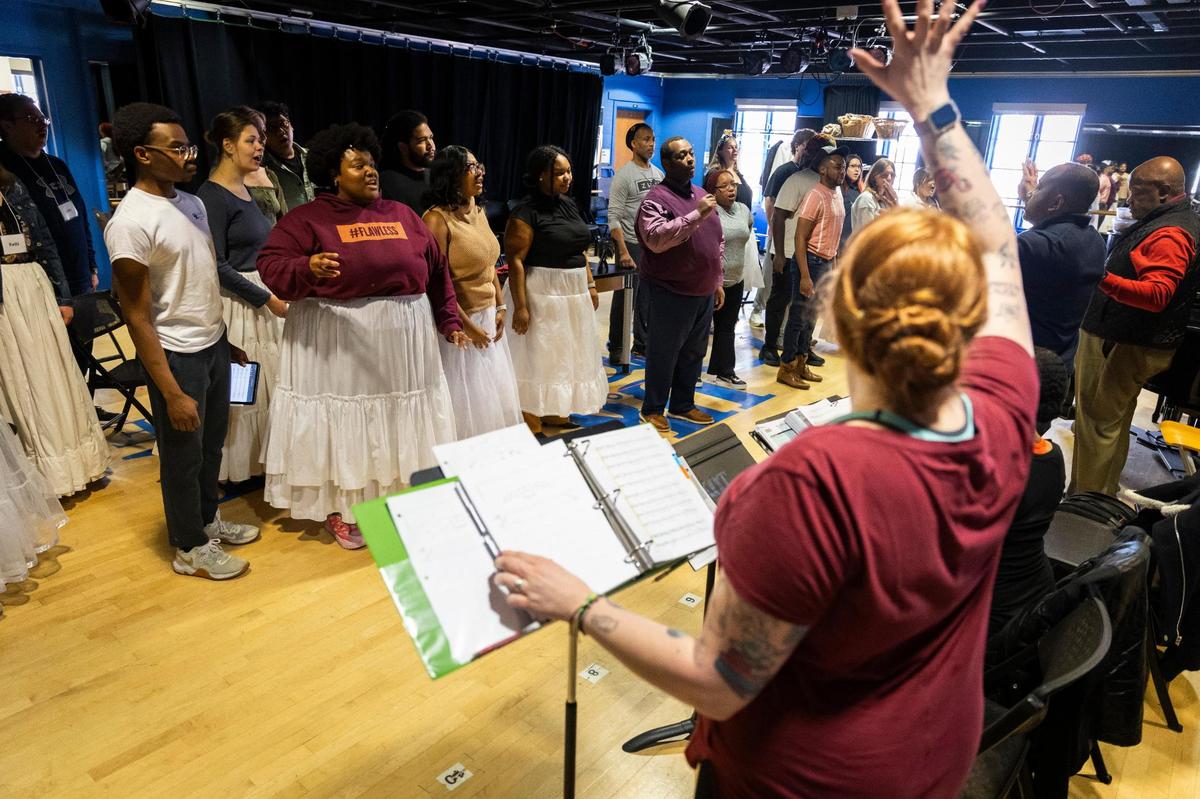 The cast of Sanctuary Road rehearses on Saturday, March 1, 2025.