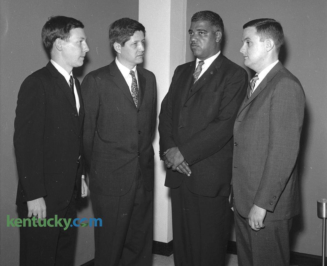 Kentucky Sen. Mitch McConnell at far left, in his third year in the College of Law at the University of Kentucky, April 1967. The Louisville native, who graduated from the University of Louisville with a political science bachelor’s degree in 1964 with honors, was attending the annual Awards Luncheon for the law school. Whitney Young, second from right and Executive Director of the National Urban League, New York, spoke at the gathering. McConnell was president of the Student Bar Association during his final year of law school, graduating that year. Published Sunday, April 2, 1967 in the Sunday Herald-Leader.