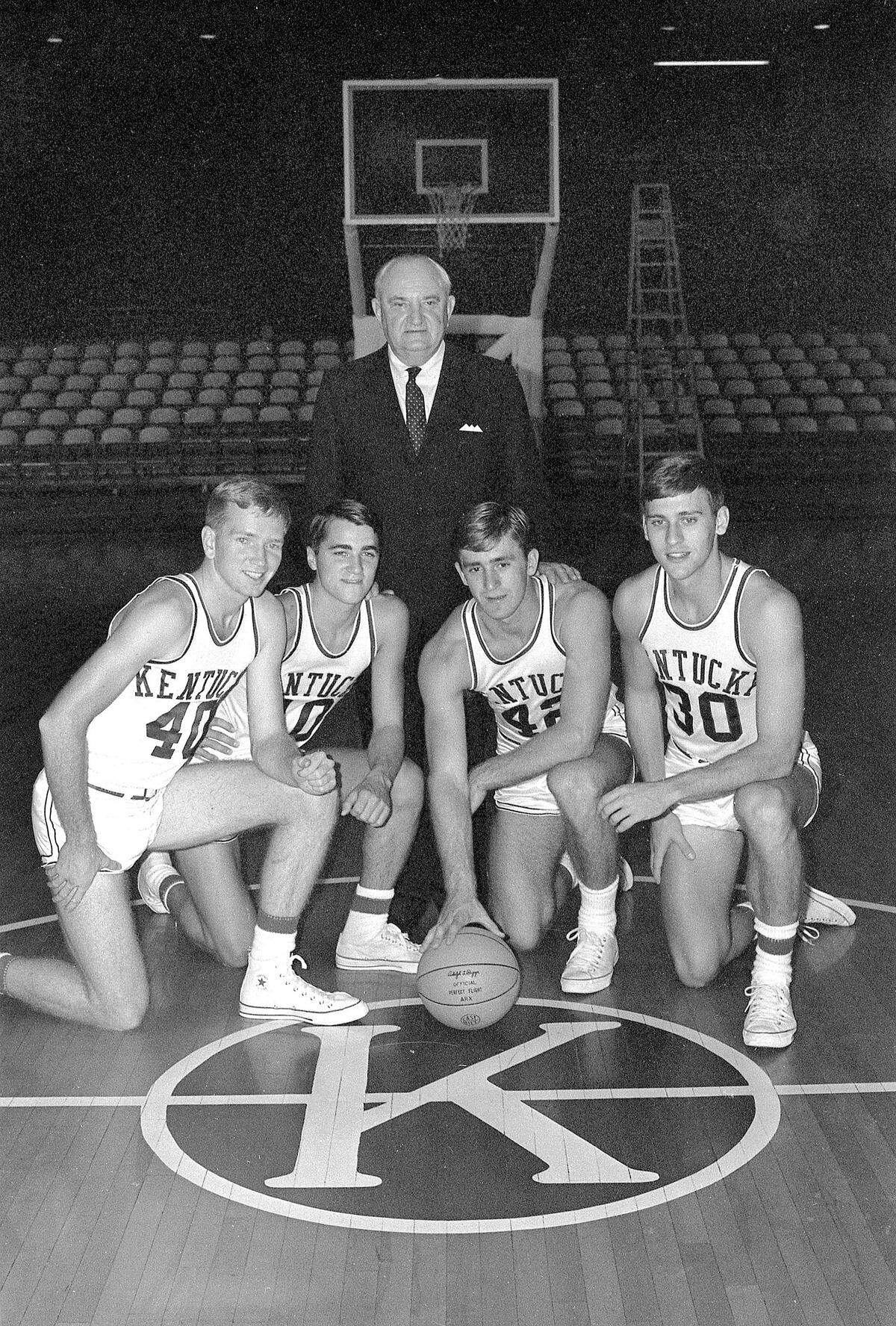 Adolph Rupp posed with his returning starters in October 1965 prior to the 1965-66 season. From left were, Larry Conley, Louie Dampier, Pat Riley and Tommy Kron. This team would be known as Rupp’s Runts and would lose the NCAA championship game to Texas Western.