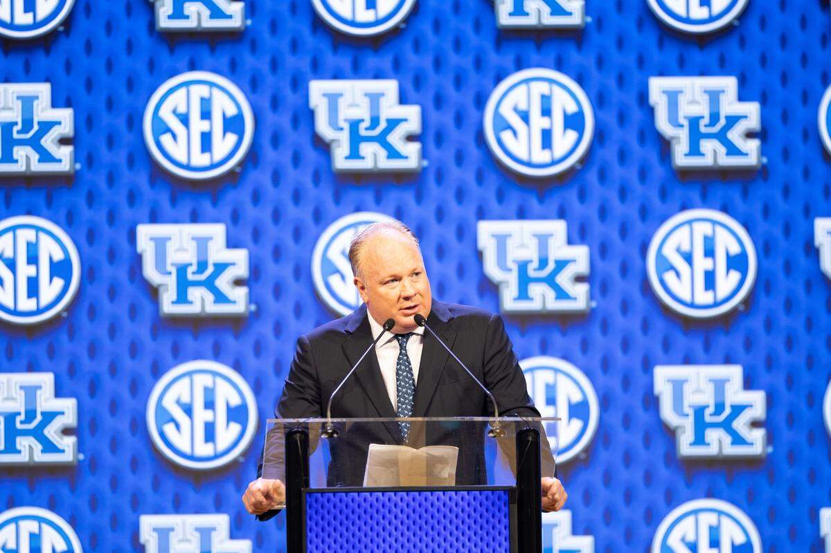 Jul 18, 2024; Dallas, TX, USA; Kentucky head coach Mark Stoops speaking at Omni Dallas Hotel. Mandatory Credit: Brett Patzke-USA TODAY Sports