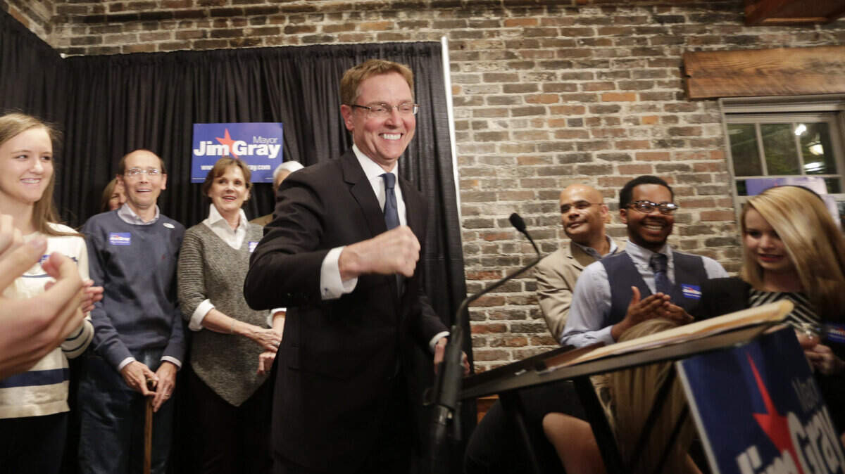 Mayor Jim Gray celebrated with supporters on Nov. 4 after being elected to a second term.