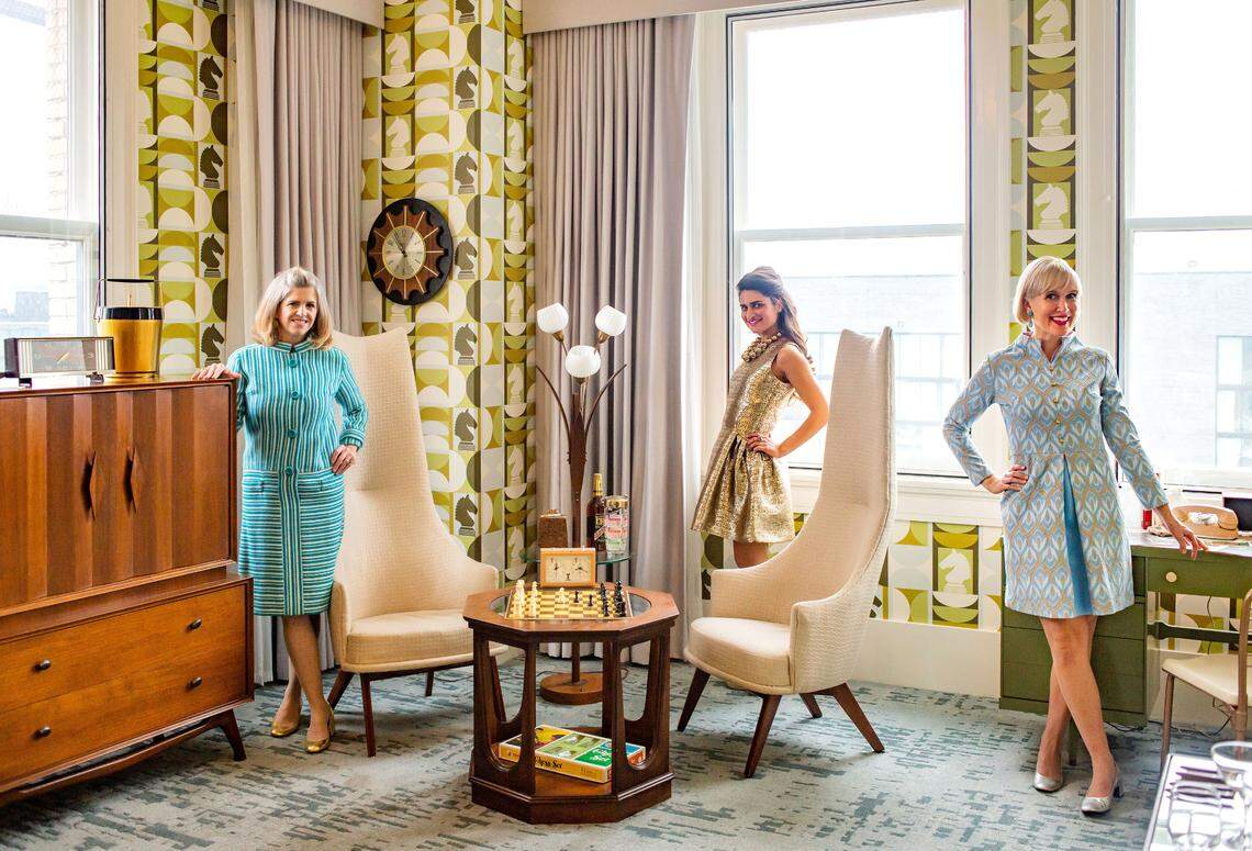 From left, Alex Mason, Isabel Ladd and Lucy Jones in the Harmon Room at the 21c Museum Hotel in Lexington that they created in the spirit of “The Queen’s Gambit.”