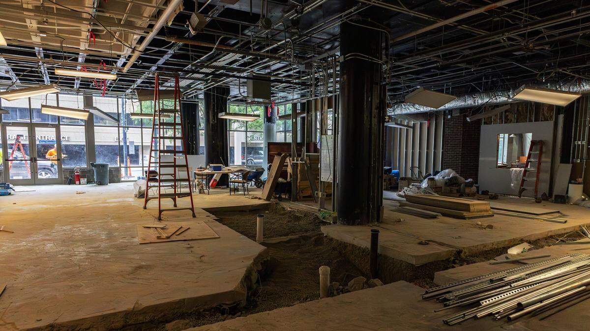 Bare-bones area under construction, designed to house a future wine bar and entertainment area in the PNC Bank branch office, currently undergoing renovations at 325 West Main on May 20, 2026. 