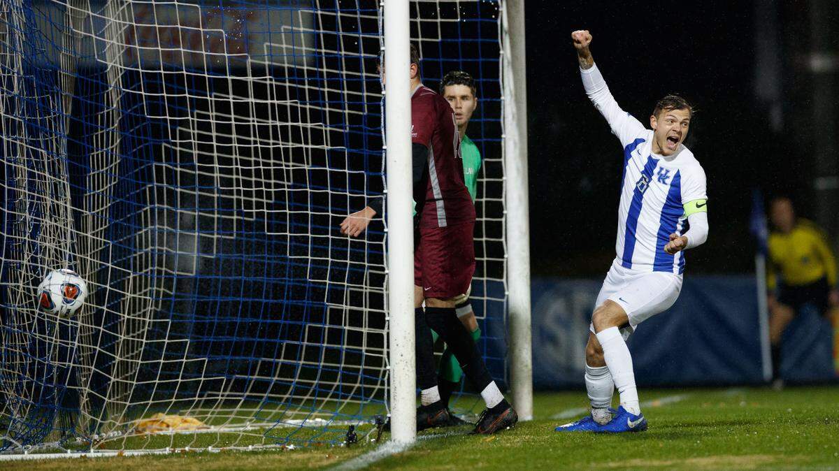 Kentucky senior midfielder Marcel Meinzer celebrates scoring UK’s second goal during its NCAA Tournament second-round victory over Santa Clara on Sunday night at the Wendell and Vickie Bell Soccer Complex. Kentucky will play Clemson in the third round.