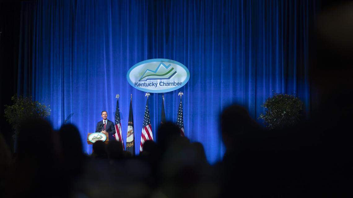 Kentucky Gov. Andy Beshear speaks during the 31st Annual Kentucky Chamber Day Dinner at the Central Bank Center in Lexington, Ky., on Thursday, Jan. 8. 2026.