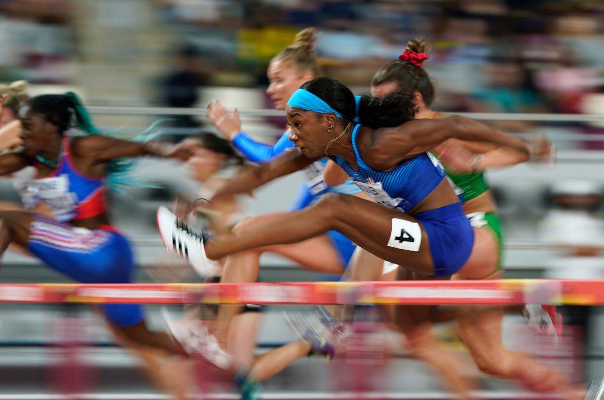 Fomer UK star Kendra Harrison competed in a heat of the women’s 100-meter hurdles at the World Athletics Championships in Doha, Qatar, in 2019. The AP predicts she’ll win a gold medal in Tokyo.