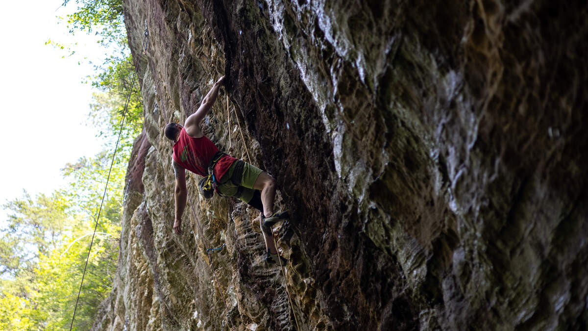 A man wearing a red shirt rock climbs on a vertical wall with one arm outstretched. He is attached to a yellow rope.
