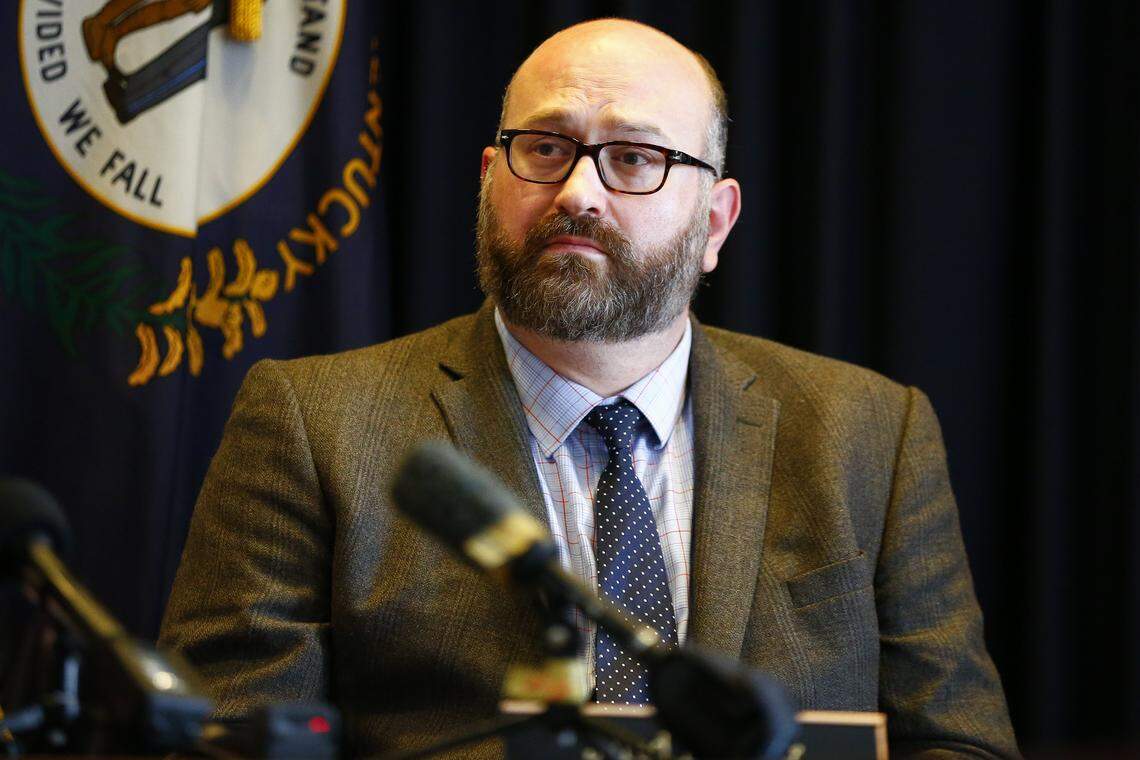State Board of Elections Executive Director Jared Dearing during an August 2018 special meeting of the State Board of Elections at the Kentucky State Capitol in Frankfort. Dearing accused Secretary of State Alison Lundergan Grimes of abusing her power.