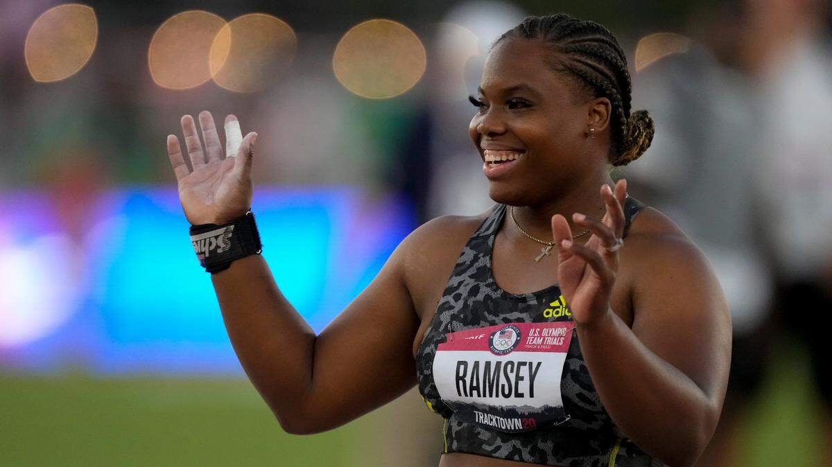 Former Western Kentucky Hilltopper Jessica Ramsey celebrates during the finals of the women’s shot put at the U.S. Olympic Track and Field Trials in Eugene, Ore., on Thursday night. Ramsey’s winning throw set a meet record.