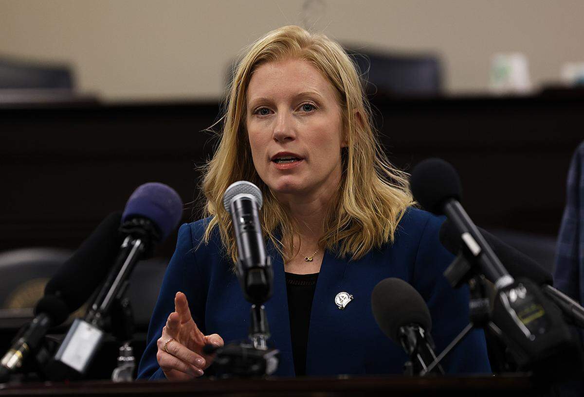 Senate Minority Whip Cassie Chambers Armstrong, D-Louisville, answers questions during a press conference before the start of the 2026 legislative session.