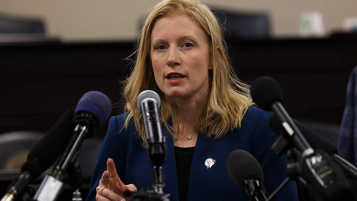 Senate Minority Whip Cassie Chambers Armstrong, D-Louisville, answers questions during a press conference before the start of the 2026 legislative session.