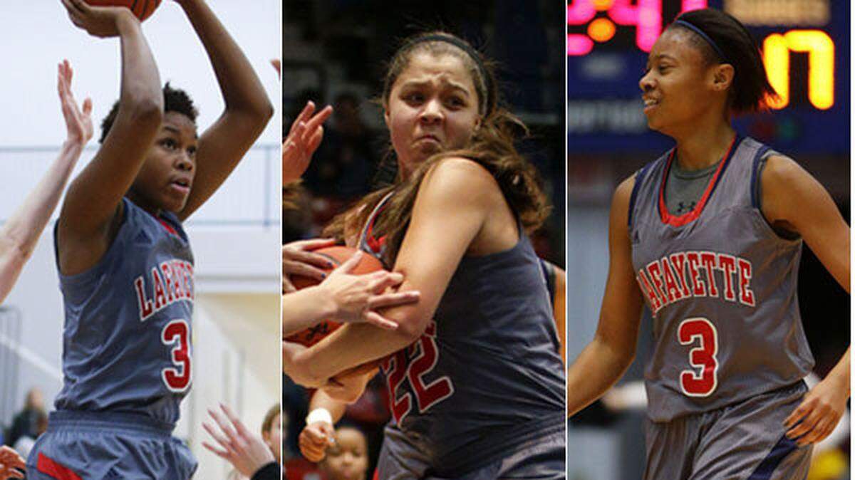 Lafayette's Ashanti Thomas, left, Kiara Pankins, center, and Dee Givens