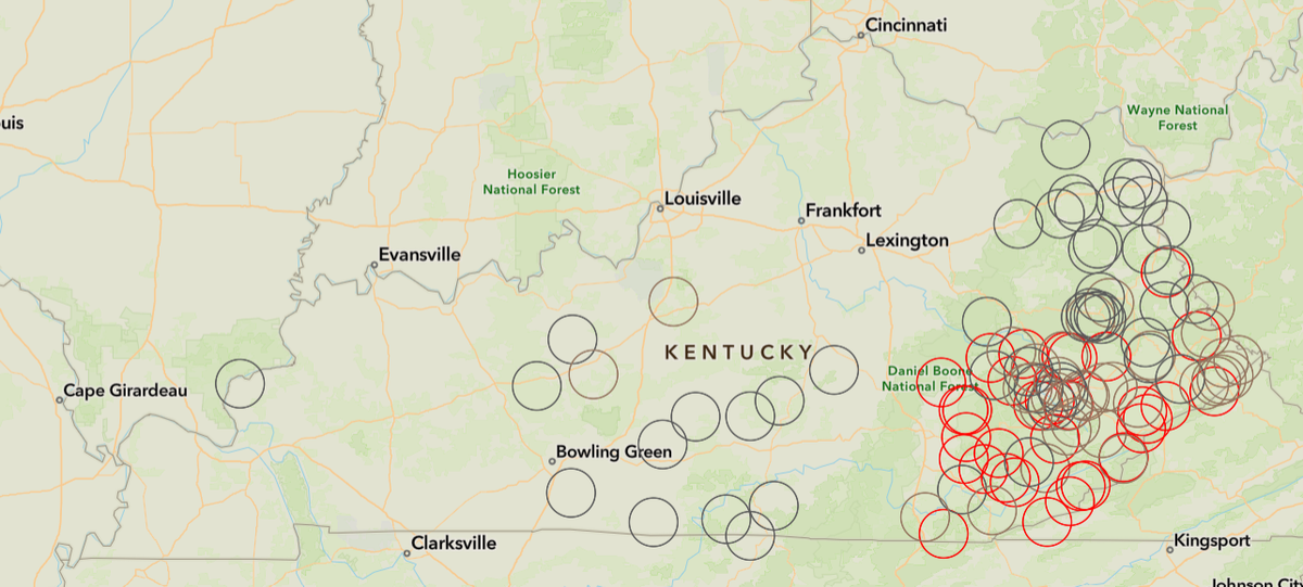 A screen grab of the Kentucky Division of Forestry’s wildfire map show active wildfires as of midday Friday. You can see interactive map at kdf.firesponse.com/public/.