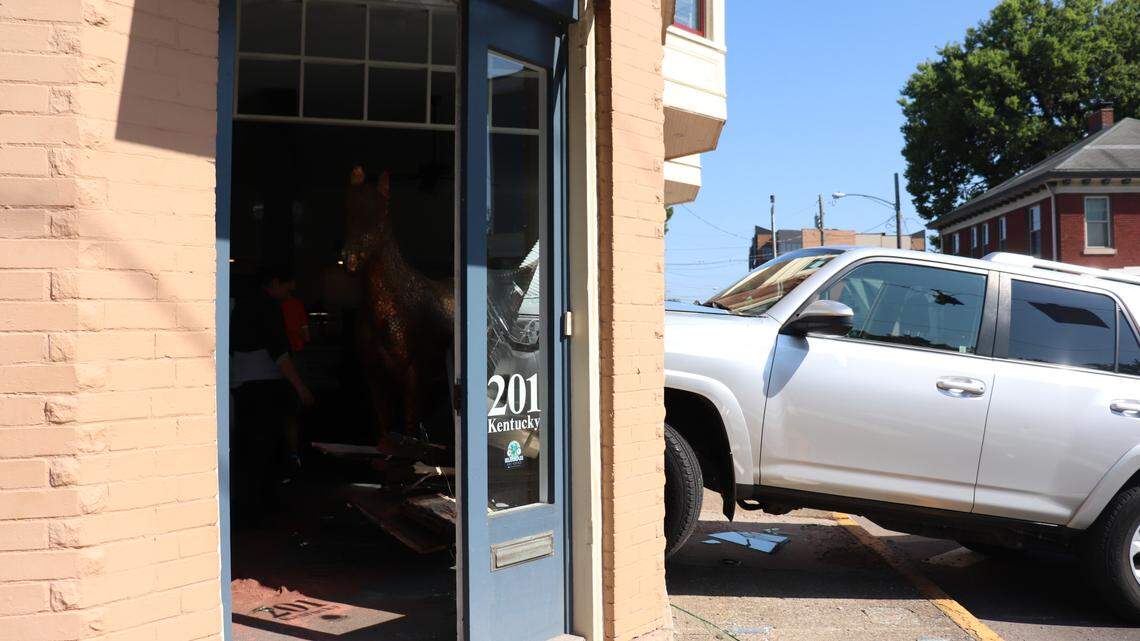 An SUV crashed into a window of a business in the Woodland area. This is one in several instances of a car crashing into a building on the block.