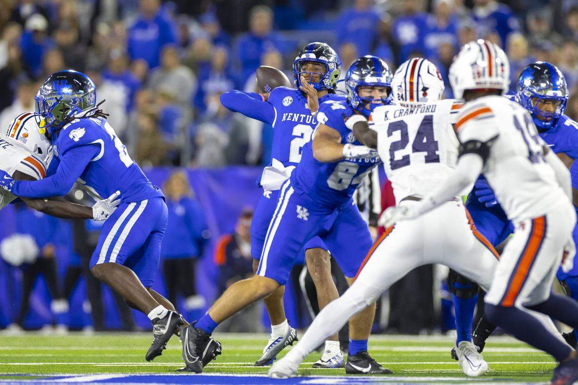 Kentucky quarterback Gavin Wimsatt (2) passes the ball during Saturday’s game against Auburn at Kroger Field.
