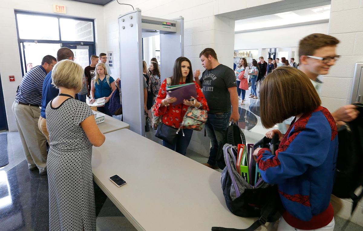 Students went through a metal detector on the first day of school Thursday morning at Barbourville High School. The school used metal detectors for the last month of the school year last year but today was the first day using the detectors with new rules in place concerning what the students can bring through the detectors.