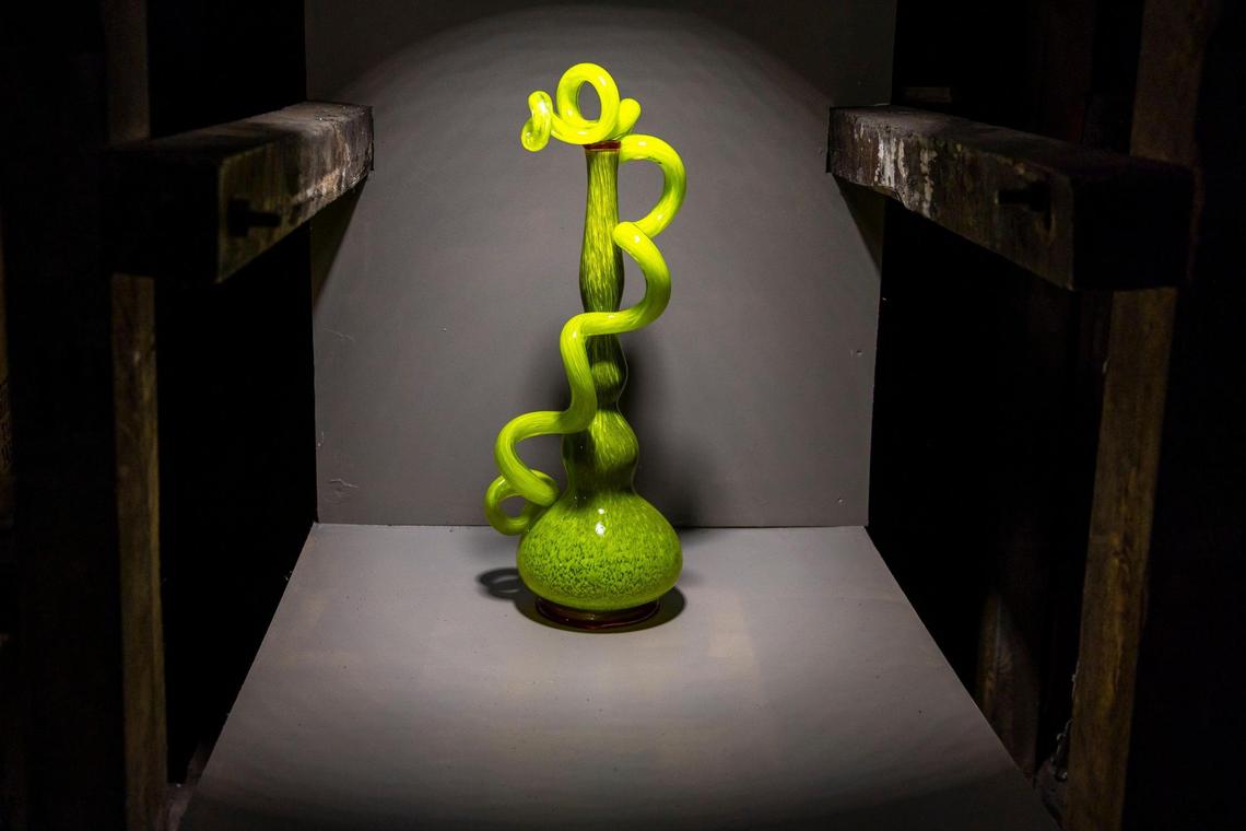 “Calla Green Venetian with One Coil” by Dale Chihuly is displayed at Maker’s Mark new Chihuly exhibition at Star Hill Farm, home of Maker’s Mark Distillery, in Loretto, Ky., on Friday, July 18, 2025.