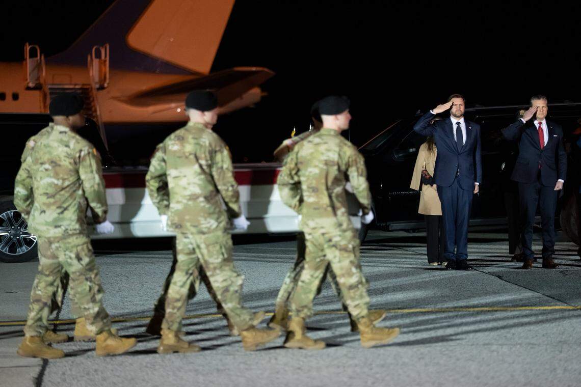Vice President JD Vance and U.S. Department of Defense Secretary Peter Hegseth attend the dignified transfer ceremony for Sgt. Benjamin Pennington, of Glendale, Ky., at Dover Air Force Base in Dover, Del., March 9, 2026.