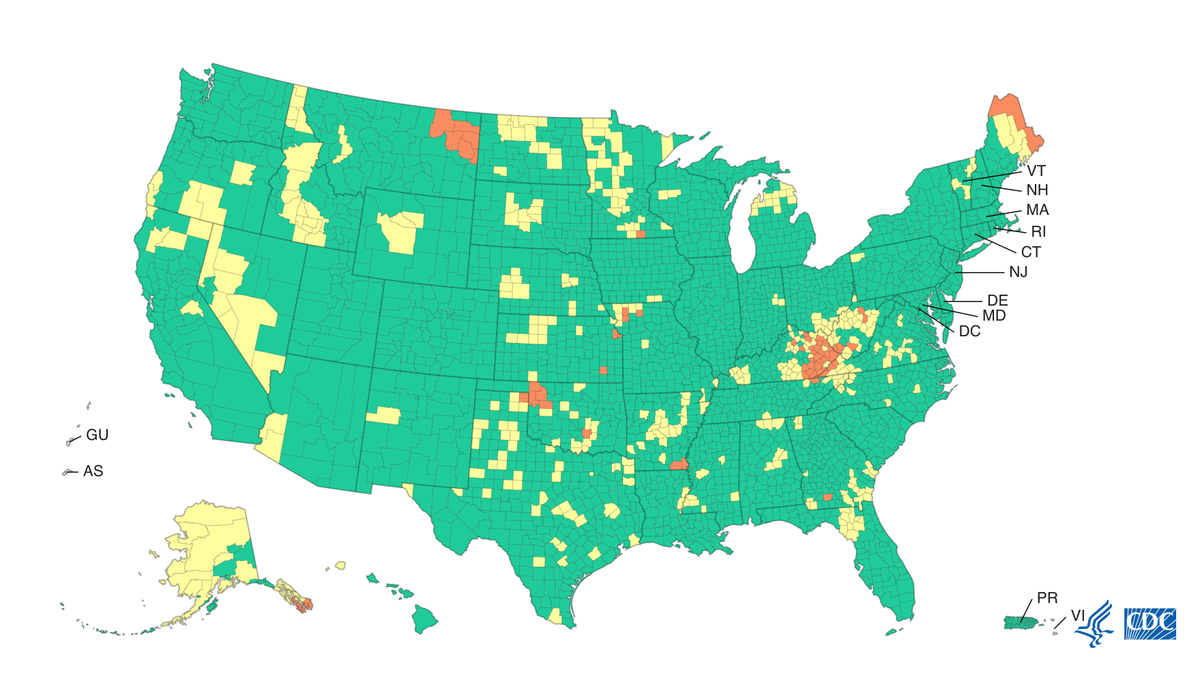 This U.S. Centers for Disease Control and Prevention map show COVID-19 community levels across the U.S. as of March 17, 2022.