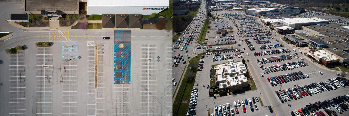 Drone photos taken shortly after the pandemic shutdown at Fayette Mall compared with a recent weekend shows that traffic has roared back in Lexington.