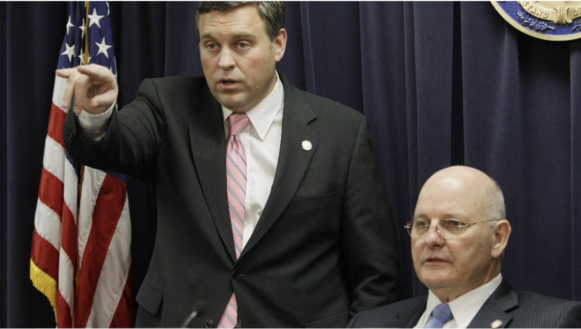 Rep. John Tilley (left) and Sen. Tom Jensen, chairmen of the Kentucky House and Senate judiciary committees, respectively, looked at people waiting to speak about House Bill 463, a criminal-justice reform bill, during the 2011 General Assembly.